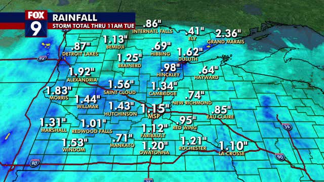 MN weather: Rain totals from Monday through Tuesday morning