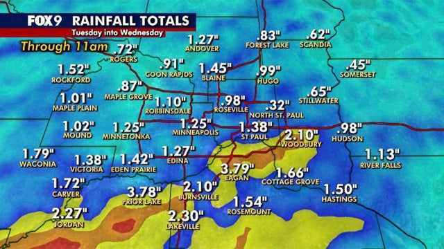 MN weather: Rainfall totals from Tuesday to Wednesday morning