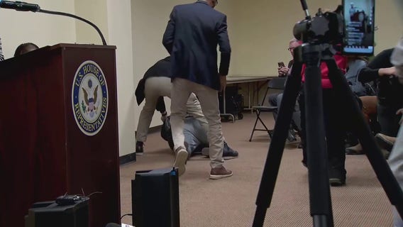 Rep. Ilhan Omar sprayed by syringe, man tackled during townhall event on ICE operations
