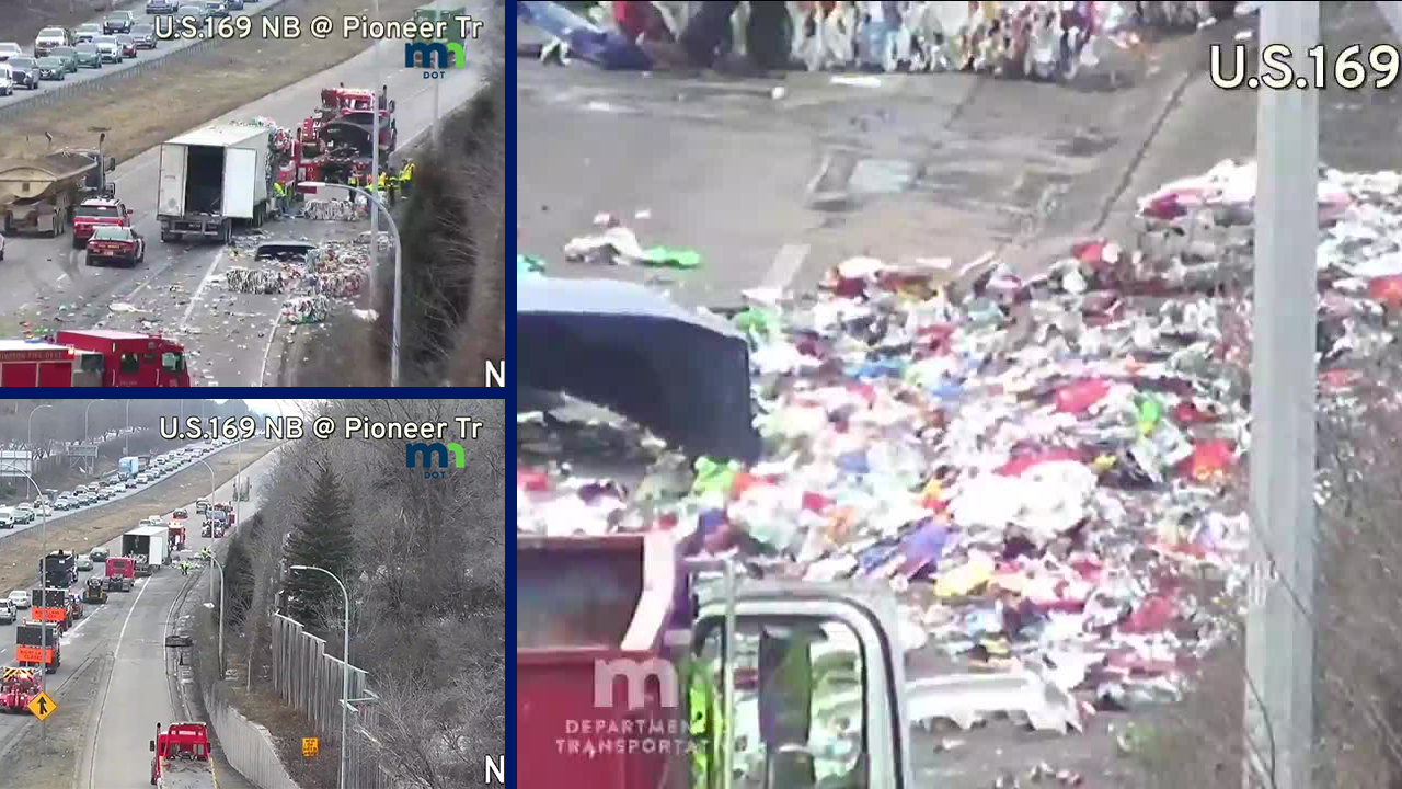 Semi crash on Hwy 169 dumps recycled material on highway