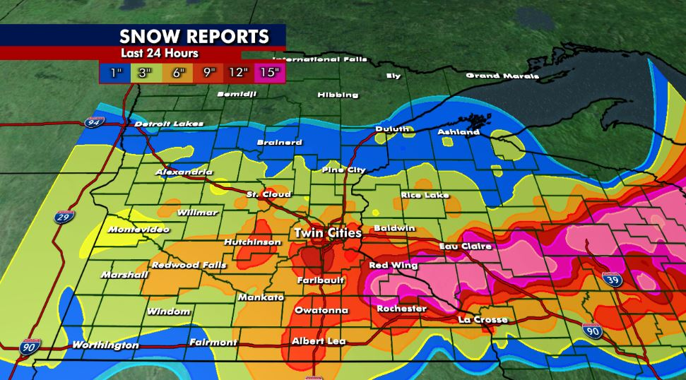 Minnesota snow totals so far for March 14-15 winter storm