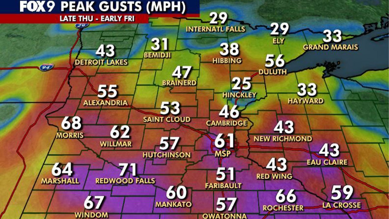 MN weather: Peak wind gusts in Minnesota Thursday into Friday