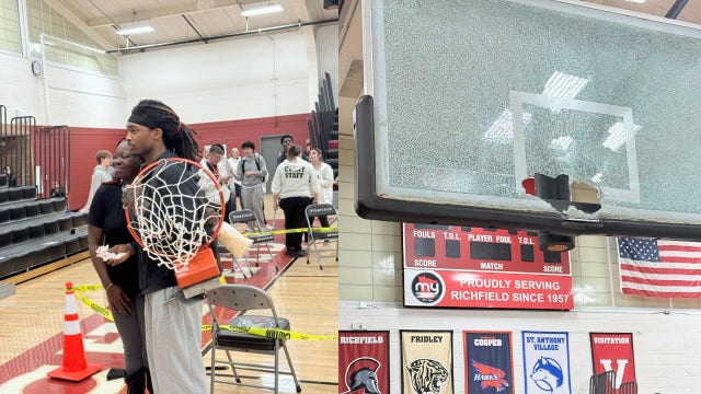 Richfield basketball win ends early after dunk shatters backboard