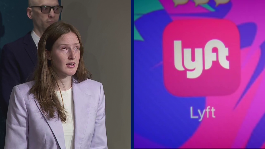 A photo of Tori Andres, a blind woman, who was denied rides by Lyft drivers juxtaposed against a photo of the Lyft app.