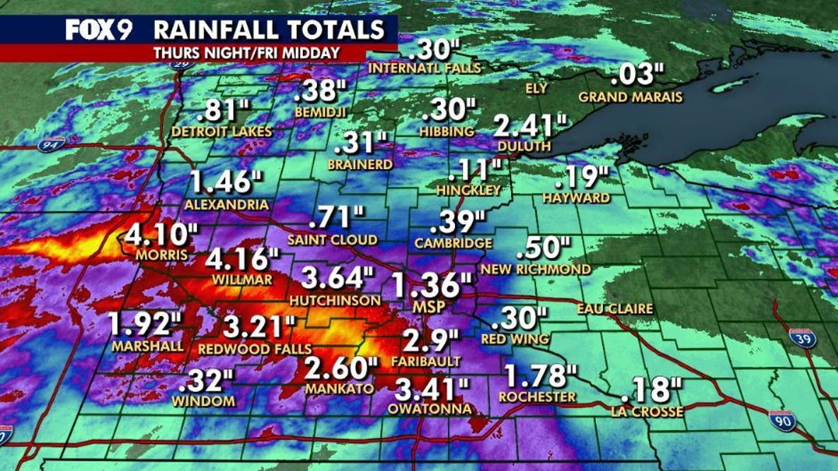 Minnesota weather: Rainfall totals across the state so far on Friday