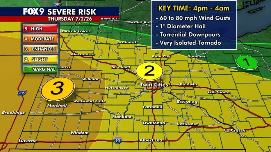 Severe weather outlook for Minnesota on Thursday, July 2, 2026. 