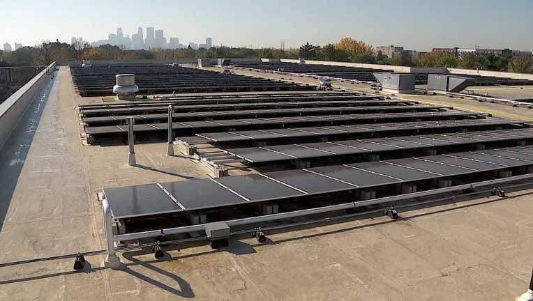 Image shows a roof with solar panels in Minneapolis. 
