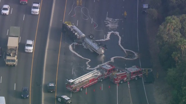 Diesel tanker overturns on 5 Freeway in Atwater Village