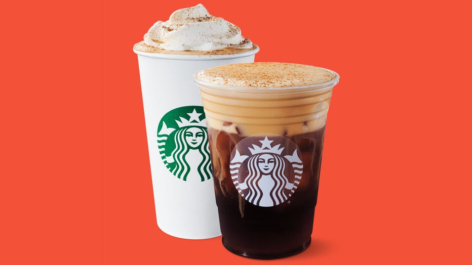 Starbucks’ Pumpkin Spice Latte and Pumpkin Cream Cold Brew are shown in a promotional image. (Photo credit: Starbucks)
