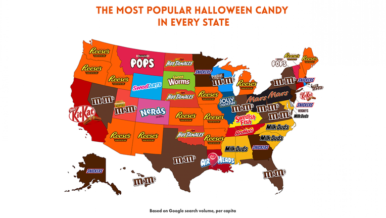 According to the map, Reese’s Peanut Butter Cups were the most popular candy in 12 states.