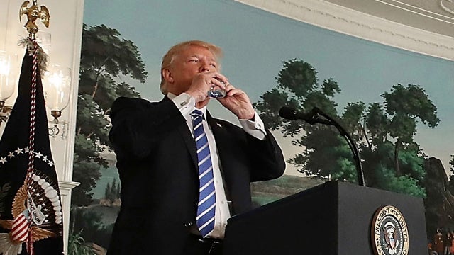 Trump halts speech to sip water, sparks Marco Rubio flashback