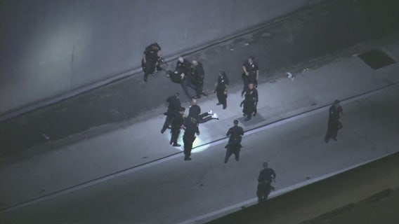 Pursuit ends with suspects ditching car in middle of the 110 Freeway in South LA