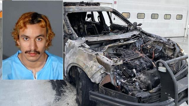 Suspect arrested after security video shows him lighting Hawthorne Police car on fire