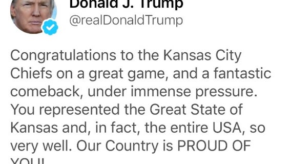 Trump congratulates Kansas City Chiefs of "the Great State of Kansas" in since-deleted Tweet