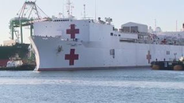 USNS Mercy hospital ship departs Los Angeles and heads home to San Diego