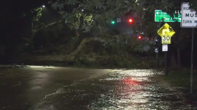 Flooding from Westwood water line break topples trees, shuts down Sunset Blvd.