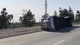 Santa Ana wind event caused 5 big rigs to overturn in separate incidents blocking lanes on freeways
