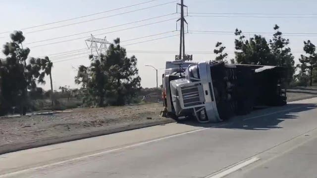 Santa Ana wind event caused 5 big rigs to overturn in separate incidents blocking lanes on freeways