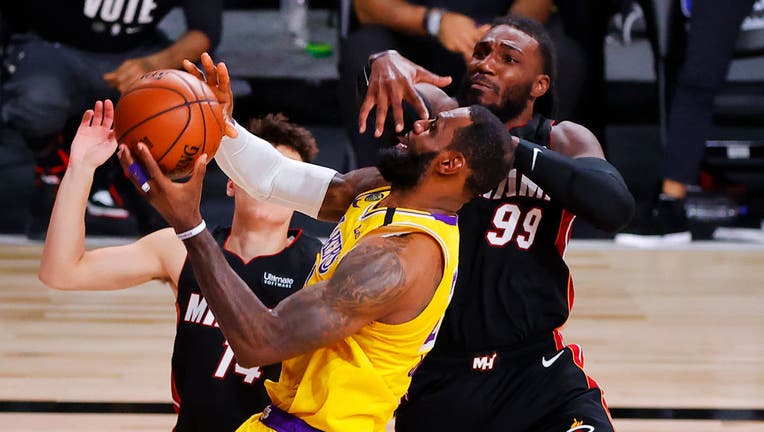 LeBron James puts up a shot during game four of the 2020 NBA finals against the Miami Heat