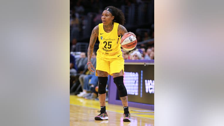 Cappie Pondexter #25 of the Los Angeles Sparks handles the ball against the Phoenix Mercury during a WNBA basketball game at Staples Center on May 27, 2018 in Los Angeles, California.