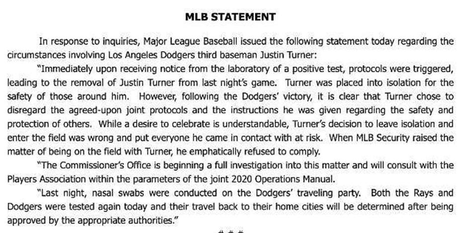 MLB launches investigation after Justin Turner 'disregards' protocols  following COVID-19 diagnosis