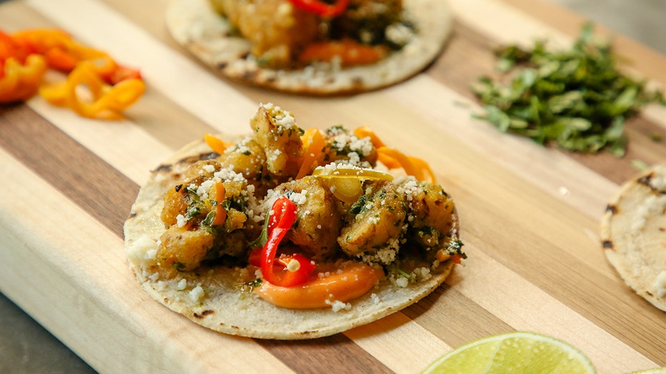 Tequila-Battered Cauliflower Tacos with Chimichurri and Chipotle Mayonnaise cooked by Chef Aaron Chanchez