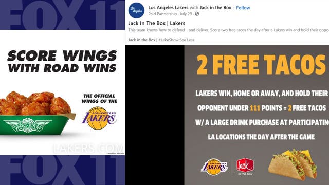 Food deals you can snack on when Lakers win during the 2020-2021 regular season