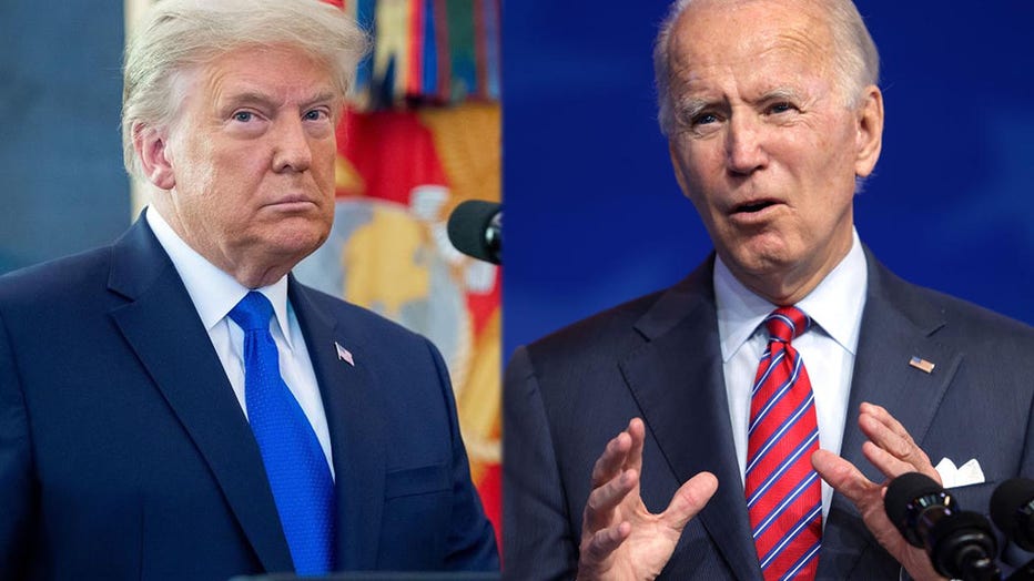 (LEFT) President Donald Trump looks on during a ceremony presenting the Presidential Medal of Freedom to wrestler Dan Gable in the Oval Office of the White House in Washington, D.C. on Dec. 7, 2020. (RIGHT) President-elect Joe Biden speaks on November job numbers at the Queen theater on Dec. 4, 2020 Wilmington, Delaware. (Photos by SAUL LOEB/AFP & Alex Wong via Getty Images)
