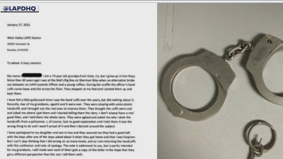 Grandfather sends apology, returns handcuffs to LAPD after stealing them over 60 years ago