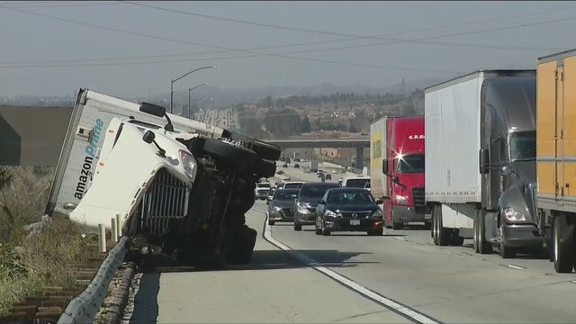Strong winds topple trucks on Inland Empire freeways
