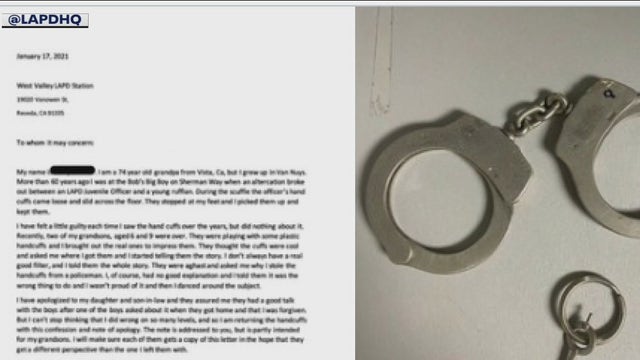 Grandfather sends apology, returns handcuffs to LAPD after stealing them over 60 years ago