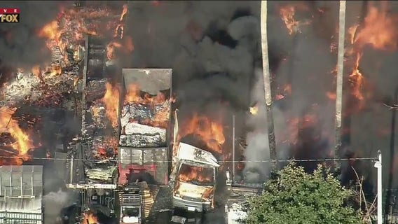 Several homes destroyed after massive fire breaks out at a Compton pallet yard