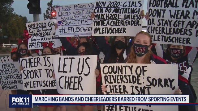 High school cheerleaders protest in Riverside over state's ban on sideline cheerleading
