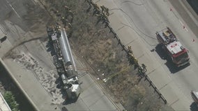 8,000 gallons of diesel fuel spills after tanker truck overturns on freeway onramp near Wilmington