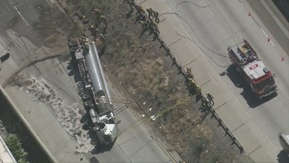 8,000 gallons of diesel fuel spills after tanker truck overturns on freeway onramp near Wilmington