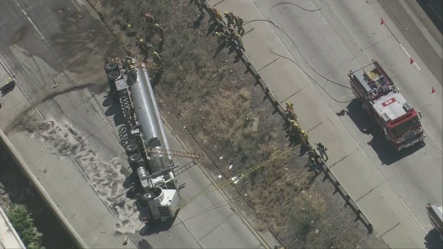 8,000 gallons of diesel fuel spills after tanker truck overturns on freeway onramp near Wilmington