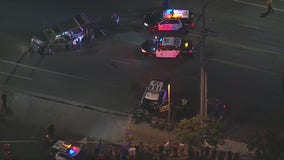 Police chase ends in multiple-vehicle wreck involving LAPD cruiser in Pacoima