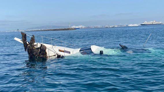Two people, dogs rescued from water after powerboat crashes into rocks in Long Beach
