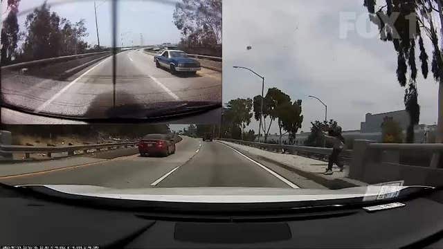 Dashcam captures man throwing metal rod at driver on Los Angeles freeway