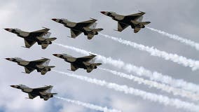 U.S.A.F. Thunderbirds fly over Huntington Beach for Pacific Airshow