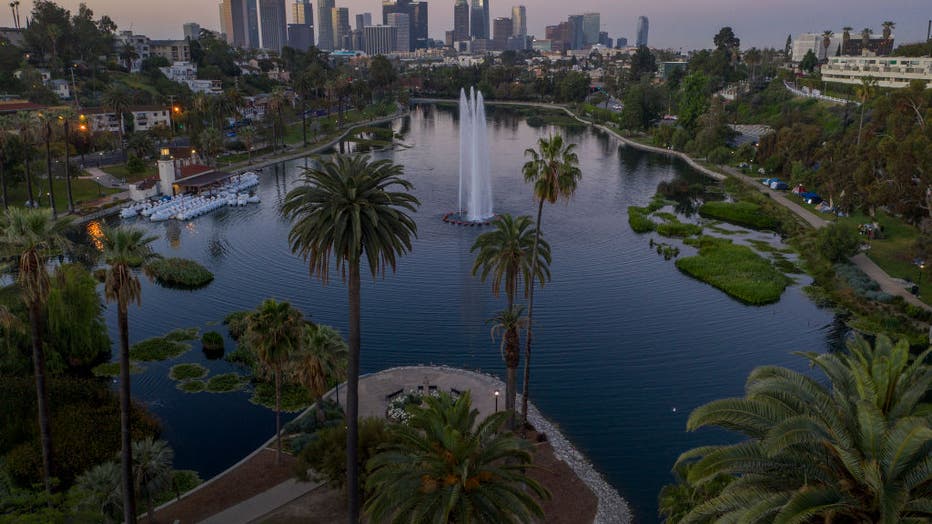 FILE - An aerial view shows Echo Lake and downtown in Los Angeles, California on May 4, 2020. (Photo by David McNew/Getty Images)