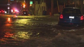 Water main break floods freeway off-ramp in Hollywood