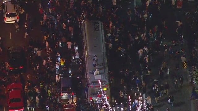 Buses vandalized in downtown Los Angeles after Rams Super Bowl win, 1 arrested