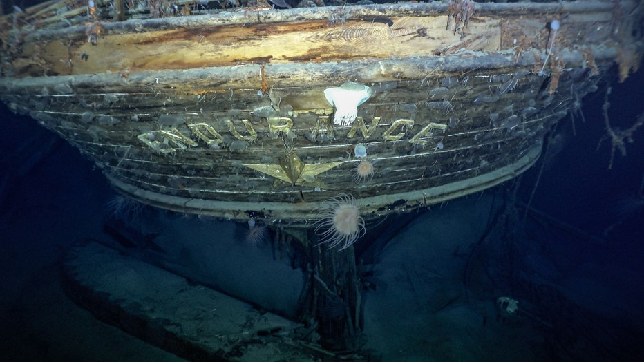 END 22_EPK_WRECK STILL IMAGES-4-Credit Falklands Maritime Heritage Trust and National Geographic Caption - The stern of the Endurance with the name and emblematic polestar