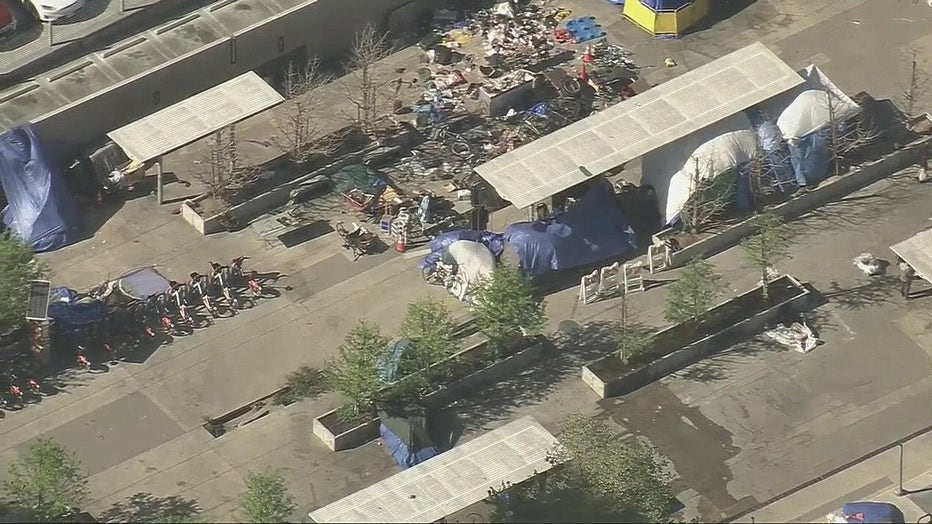 Homeless encampment on Toriumi Plaza in Little Tokyo.