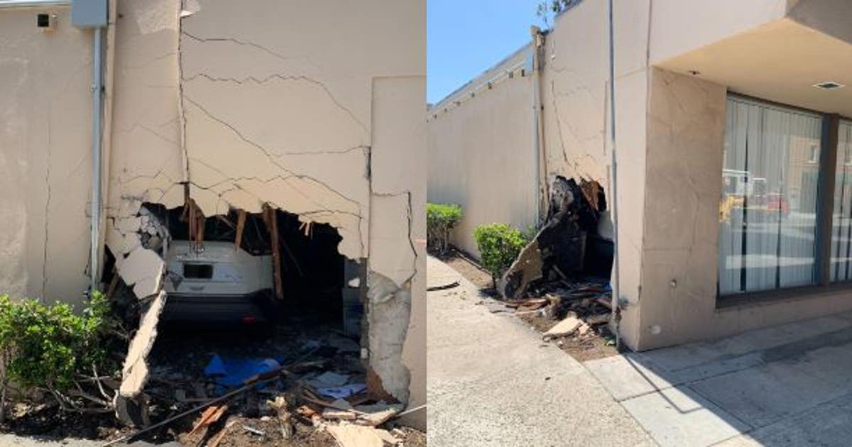 Collision causes vehicle to crash into OC building | FOX 11 Los Angeles