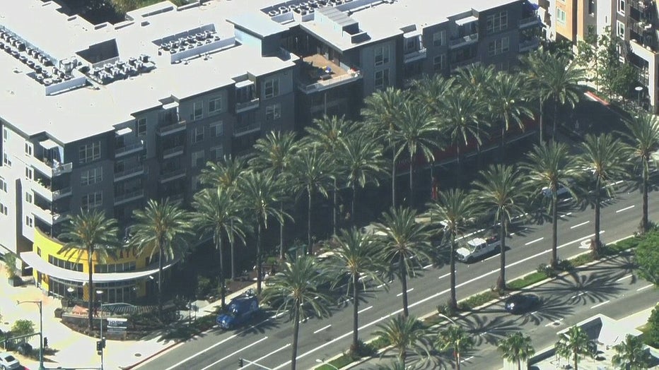 Image from SkyFOX shows the apartment building where two men were found dead Tuesday morning in Anaheim.