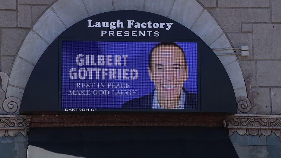 The marquee at the Laugh Factory pays tribute to the late Gilbert Gottfried.