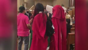 Group dressed in 'The Handmaid's Tale' costumes protest during mass at LA Cathedral
