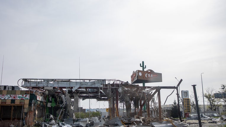 A destroyed mall seen in Bucha, Kyiv Oblast. Lots of damaged